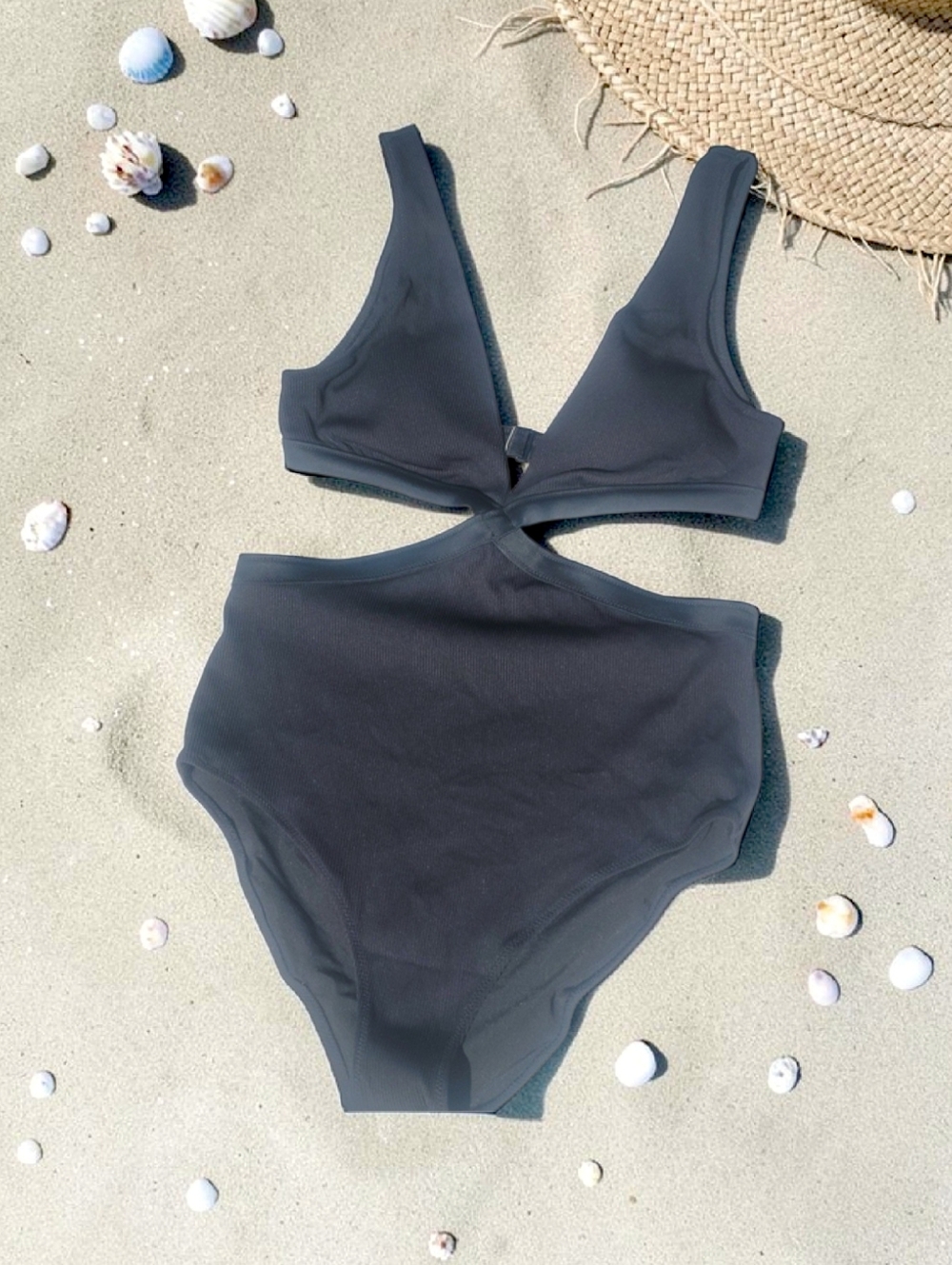 aerie Size Medium Black Ribbed One-Piece Swimsuit